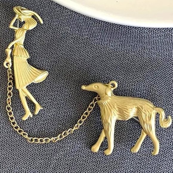 Walking Dog Brooch Fancy Lady Large Stylish Chain Leash Gold Afgan Trendy Chic - Picture 3 of 3